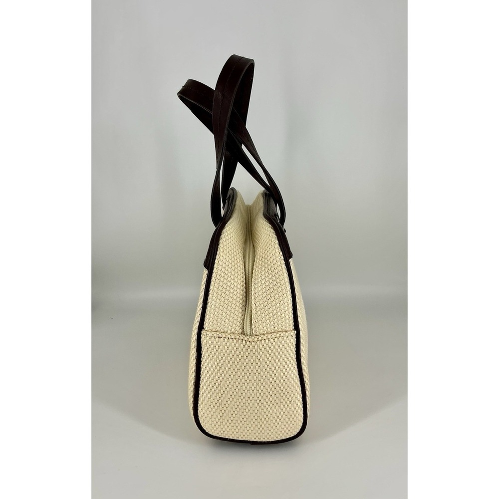 Etienne Aigner Beige Brown Woven Satchel Double Handles Gold Hardware - Picture 2 of 11